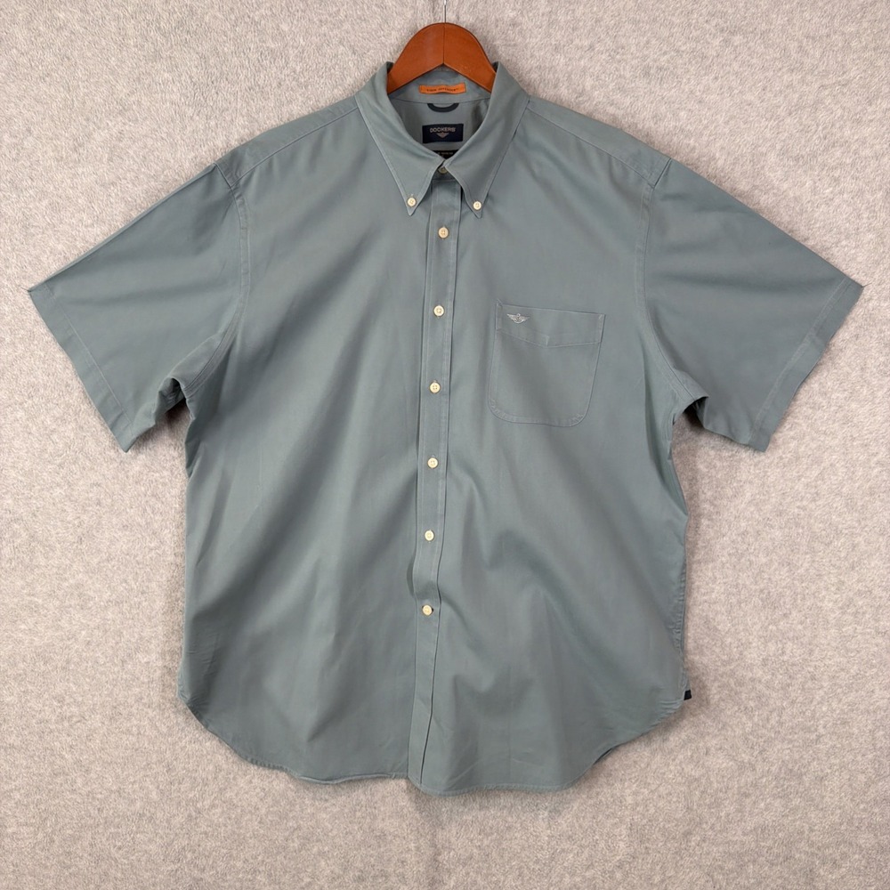 DOCKERS Stain Defender Shirt Mens 2XL Green Short Sleeve Button Cotton EUC